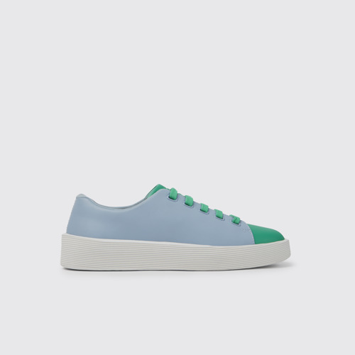 Image of Side view of Twins Green, blue, and white leather sneakers for women