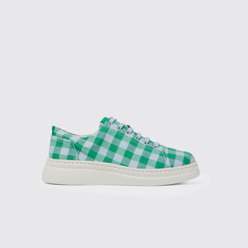 Side view of Runner Up Green and blue recycled cotton sneakers for women