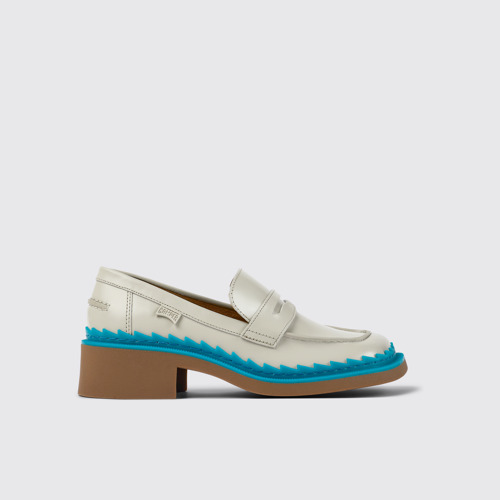Image of Side view of Taylor Gray and blue leather loafers for women