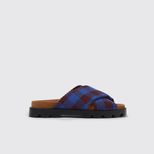 Side view of Brutus Sandal Blue and burgundy recycled cotton sandals for women
