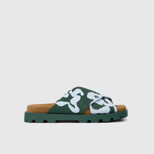Side view of Brutus Sandal Green and blue recycled cotton sandals for women
