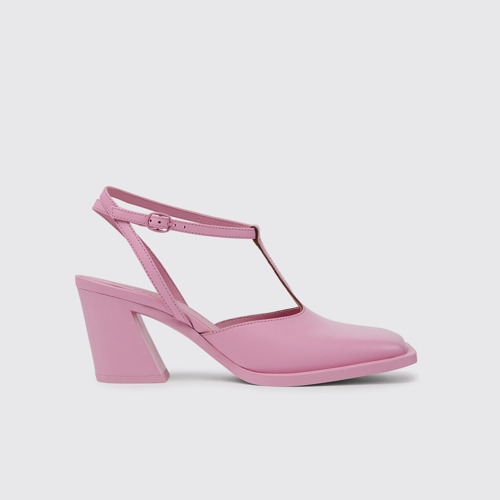 Side view of Karole Pink leather T-bar shoes for women
