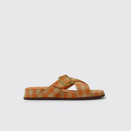 Image of Side view of Atonik Orange and beige sandals for women
