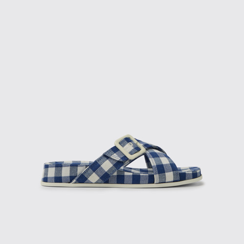 Image of Side view of Atonik Blue and white sandals for women