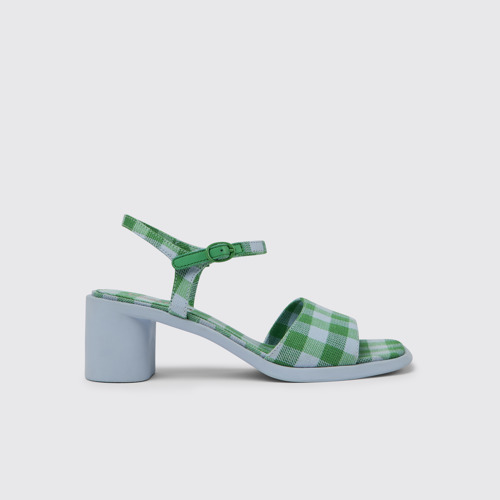 Side view of Meda Blue and green recycled cotton sandals for women