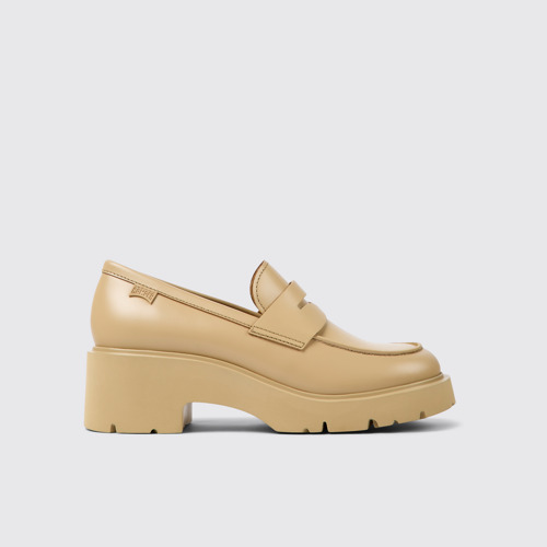 Image of Side view of Milah Beige leather loafers for women