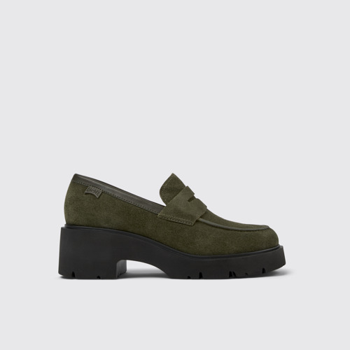 Image of Side view of Milah Green nubuck loafers for women
