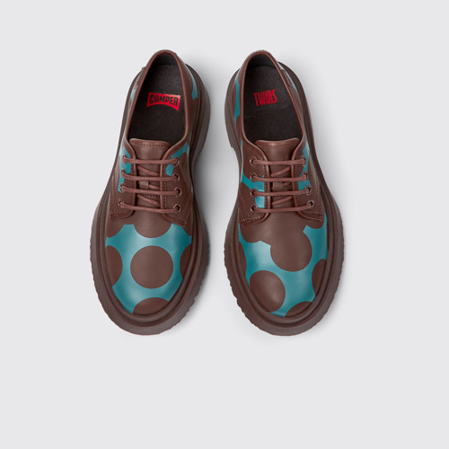 Overhead view of Twins Burgundy and blue leather shoes for women