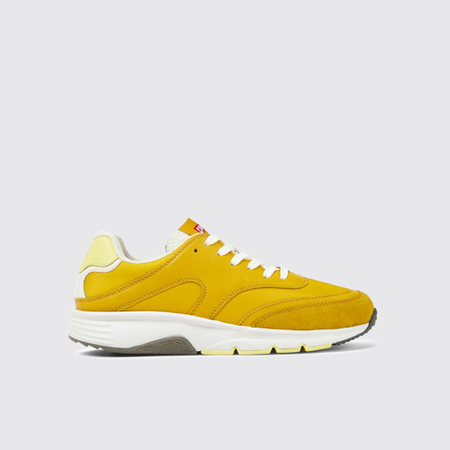 Image of Side view of Drift Yellow textile and leather sneakers for women