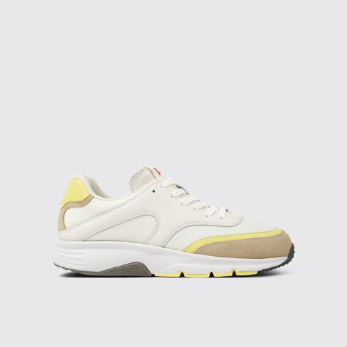 Side view of Drift White and beige textile and leather sneakers for women