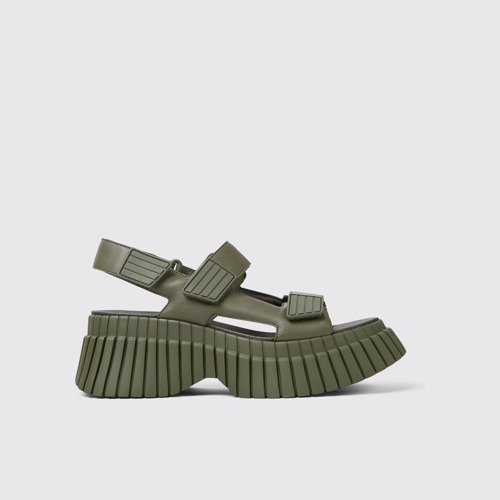 Side view of BCN Green leather sandals for women