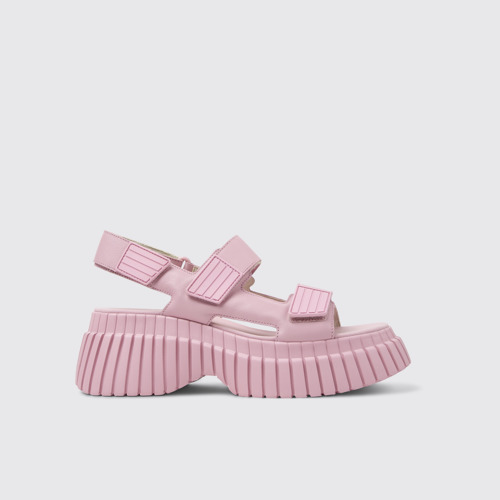 Image of Side view of BCN Pink Leather Sandals for Women.