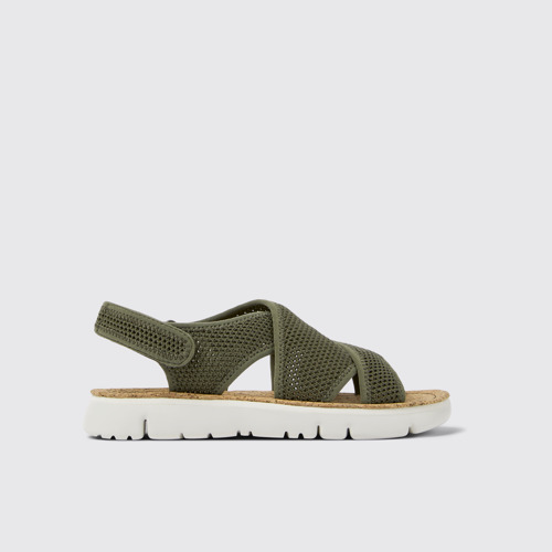 Side view of Oruga Green textile sandals for women
