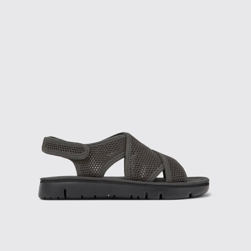 Side view of Oruga Dark gray textile sandals for women