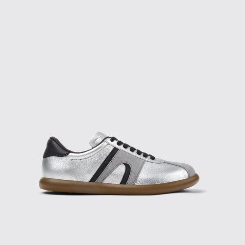 Image of Side view of Pelotas Soller Silver-black Leather Women's Sneakers.