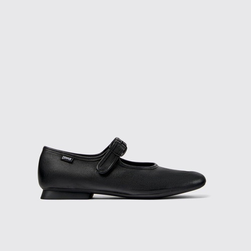 Image of Side view of Casi Myra Black Leather Shoes for Women.