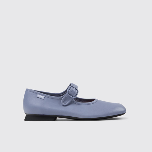 Image of Side view of Casi Myra Blue Leather Shoes for Women.