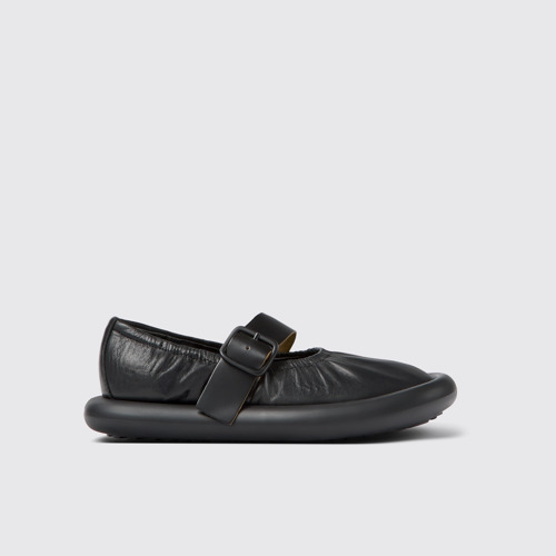 Image of Side view of Aqua Black Leather Ballerina for Women