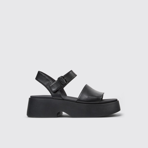 Image of Side view of Tasha Black Leather Sandals for Women.
