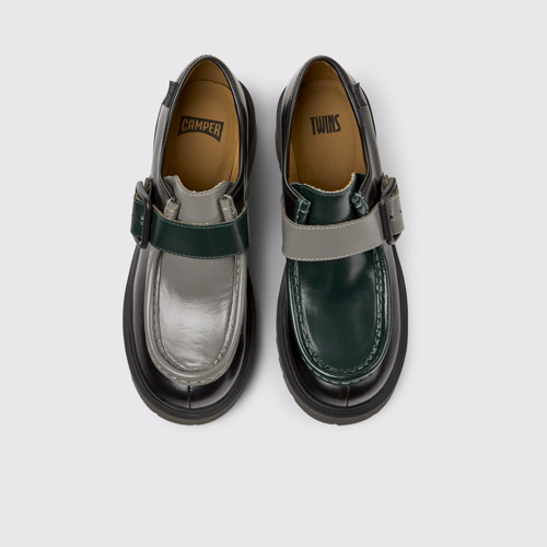 Image of Overhead view of Twins Black and gray leather loafers for women