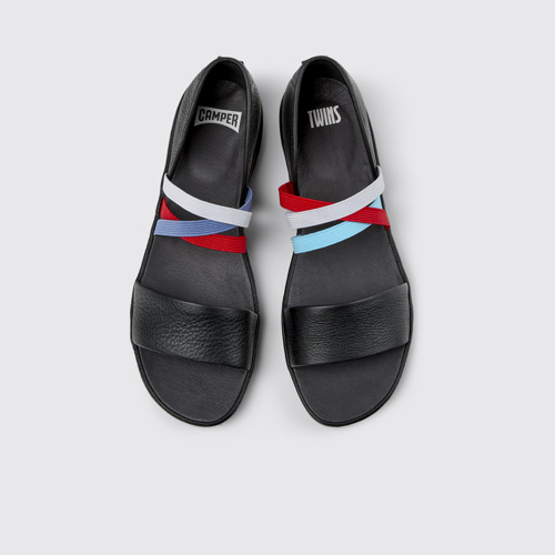 Image of Overhead view of Twins Black Leather Sandals for Women.