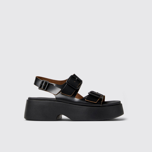 Image of Side view of Tasha Black Leather Sandals for Women.