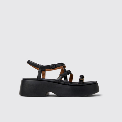 Image of Side view of Tasha Black Leather Sandals for Women.