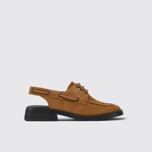 Image of Side view of Dana Brown Nubuck Mocasin Shoes for Women.
