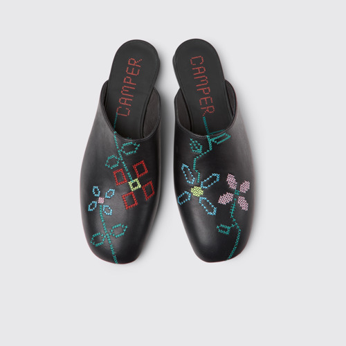 Image of Overhead view of Twins Black Leather Women's Sandal.