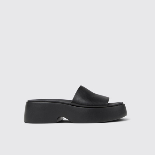 Image of Side view of Tasha Black Leather Sandals for Women.