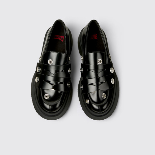 Overhead view of Twins Black Leather Moccasins for Women.