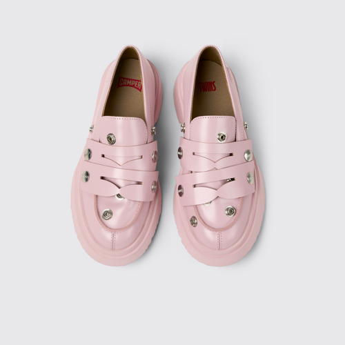 Overhead view of Twins Pink Leather Moccasins for Women.