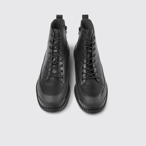 Image of Overhead view of Pix Black Leather Mid Boots for Men.