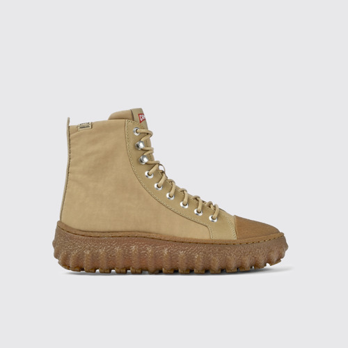 Image of Side view of Ground Beige textile and leather ankle boots for women