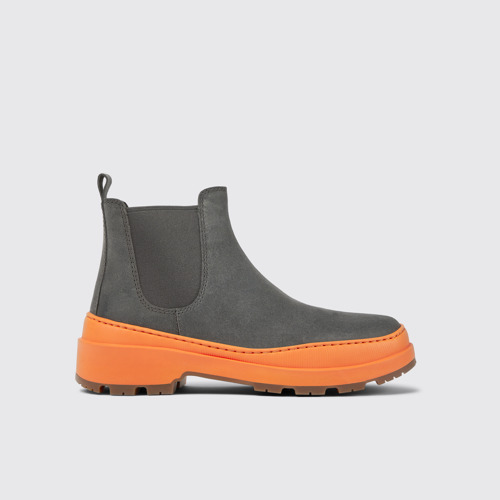 Side view of Brutus Trek Dark gray and orange nubuck ankle boots for women