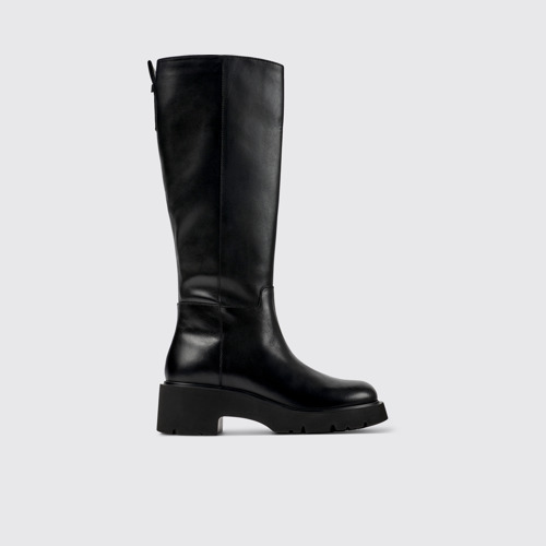 Image of Side view of Milah Black leather high-boots for women