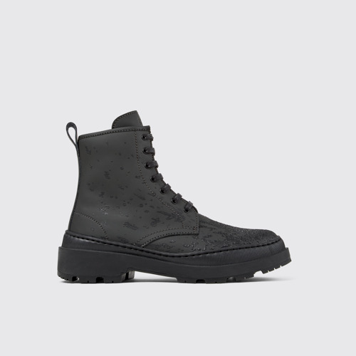 Image of Side view of Brutus Trek Gray and black leather boots for women