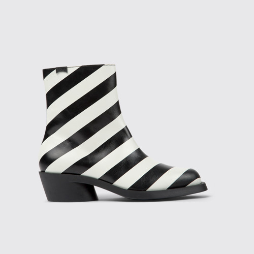 Image of Side view of Bonnie Black and white striped leather boots for women
