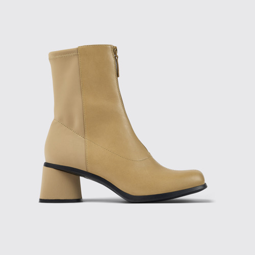 Image of Side view of Kiara Beige leather and recycled PET boots for women