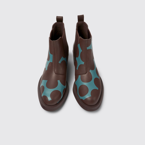 Image of Overhead view of Twins Burgundy and blue leather ankle boots for women