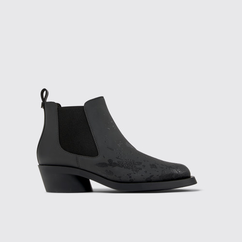 Image of Side view of Bonnie Gray and black leather ankle boots for women