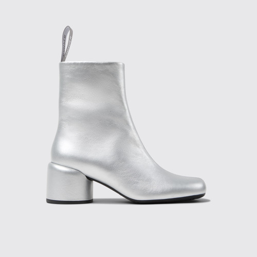 Image of Side view of Niki Silver Leather Ankle Boots for Women.