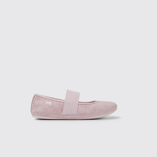 Image of Side view of Right Pink nubuck ballerinas with glitter effect for girls