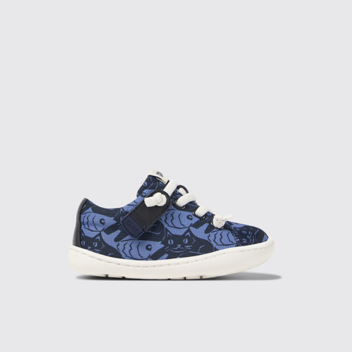 Image of Side view of Peu Blue Recycled PET and Leather Kids' Shoes.