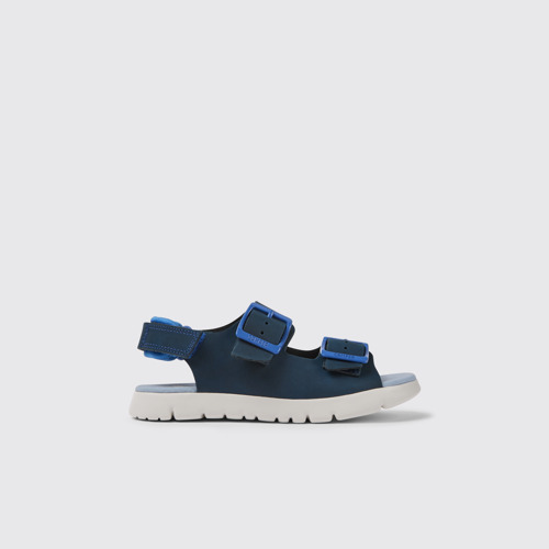 Side view of Oruga Blue leather sandals for kids