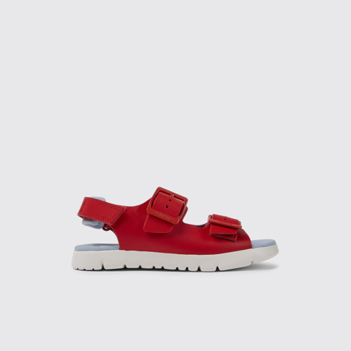 Image of Side view of Oruga Red leather sandals for kids