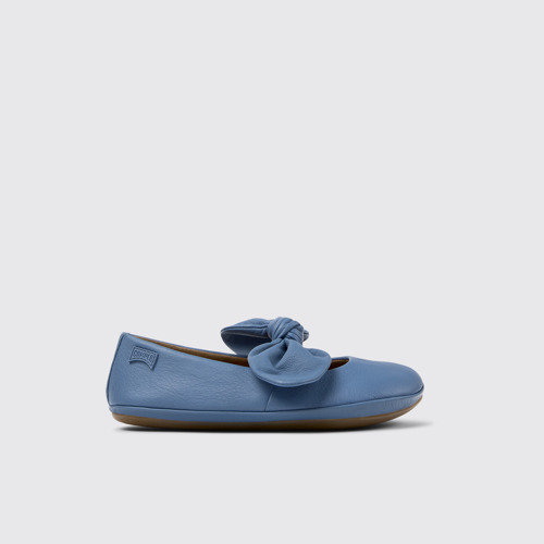 Side view of Right Blue Leather Ballerina for Kids.