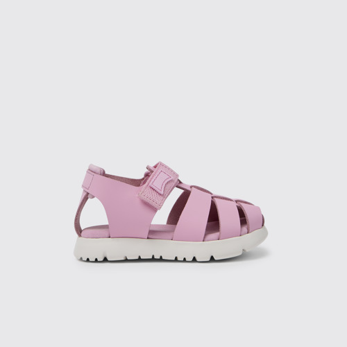 Image of Side view of Oruga Pink leather and textile sandals