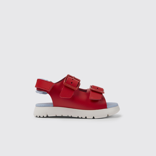 Image of Side view of Oruga Red leather sandals for kids
