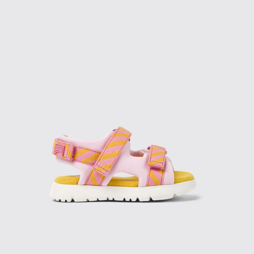 Image of Side view of Oruga Pink and orange textile sandals for kids